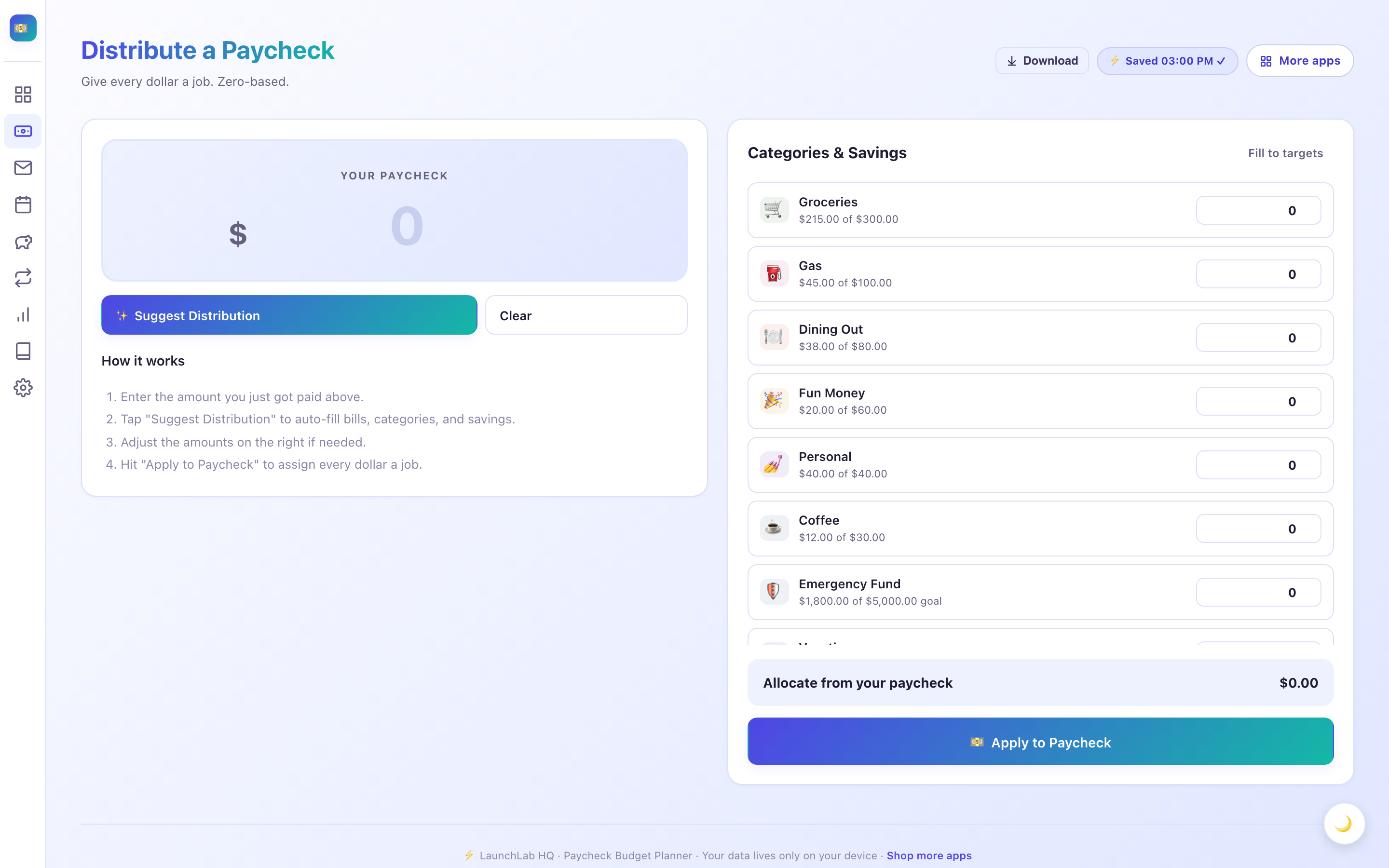 Distribute paycheck tab